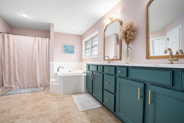 4844 Ontario Dr, Buchanan, MI 49107 - bathroom featuring double vanity, a bath, curtained shower, and tile patterned floors