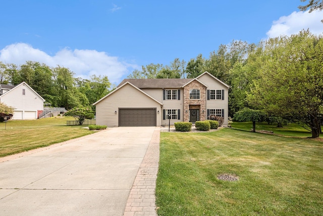4844 Ontario Dr, Buchanan, MI 49107 - view of front facade featuring driveway, a front lawn, a garage, and brick siding