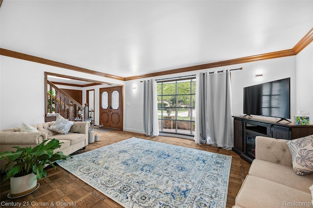 29801 Deer Run, Farmington Hills, MI 48331 - living area featuring stairway, crown molding, and baseboards