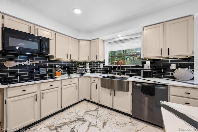 29801 Deer Run, Farmington Hills, MI 48331 - kitchen with black appliances, light marble finish flooring, a sink, ornamental molding, and light countertops