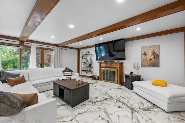29801 Deer Run, Farmington Hills, MI 48331 - living area with beamed ceiling, recessed lighting, marble finish flooring, and a glass covered fireplace