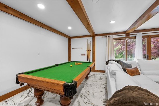 29801 Deer Run, Farmington Hills, MI 48331 - recreation room with light marble finish flooring, beam ceiling, pool table, baseboards, and recessed lighting