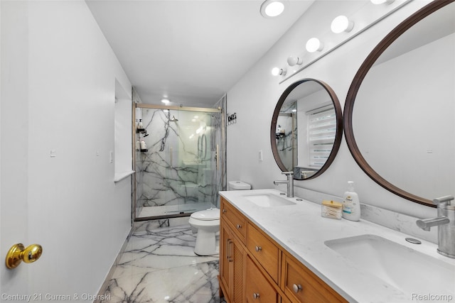 29801 Deer Run, Farmington Hills, MI 48331 - full bathroom with marble tiled floors, a marble finish shower, toilet, double vanity, and recessed lighting