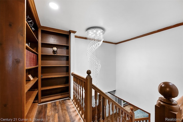 29801 Deer Run, Farmington Hills, MI 48331 - hall featuring an upstairs landing, ornamental molding, a chandelier, and wood finished floors