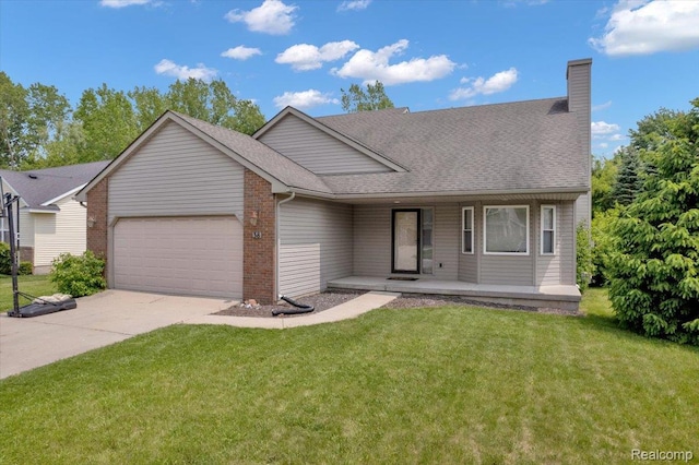 38 Melvin J Ct, Oxford, MI 48371 - view of front of property with an attached garage, a porch, a chimney, and a front lawn