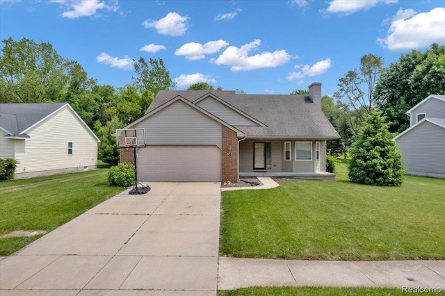 38 Melvin J Ct, Oxford, MI 48371 - view of front of house with a garage, a porch, a front lawn, driveway, and a chimney