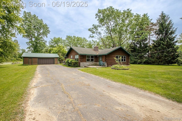 5180 Hillsboro Rd, Davisburg, MI 48350 - log cabin featuring log siding, an outbuilding, a chimney, and a front yard