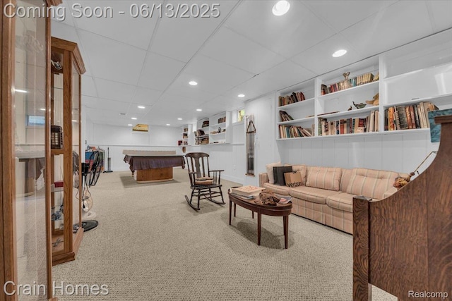 2861 Whittier Dr, Bloomfield Hills, MI 48304 - carpeted living room with billiards, a paneled ceiling, recessed lighting, and built in features