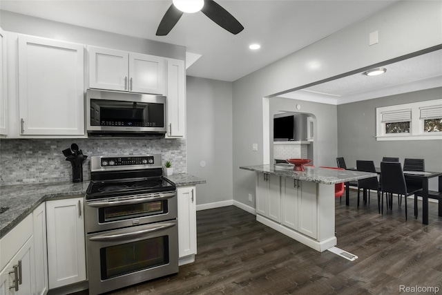 13572 Indiana St, Detroit, MI 48238 - kitchen with appliances with stainless steel finishes, a ceiling fan, decorative backsplash, dark wood finished floors, and recessed lighting