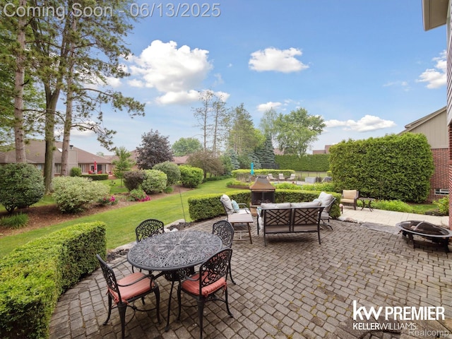 18961 Pine Ln, Macomb, MI 48042 - view of patio / terrace with outdoor dining area and an outdoor living space with a fire pit