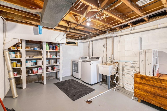 4292 Ashlawn Dr, Flint, MI 48507 - unfinished basement featuring washing machine and clothes dryer, a sink, and concrete block wall