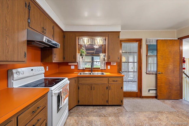 2652 Buckingham Ave, Berkley, MI 48072 - kitchen featuring white electric range oven, under cabinet range hood, a sink, brown cabinets, and light countertops