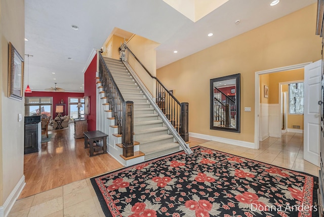 12571 Westwood Ln, Wayland, MI 49348 - tiled foyer with stairway, recessed lighting, and a ceiling fan