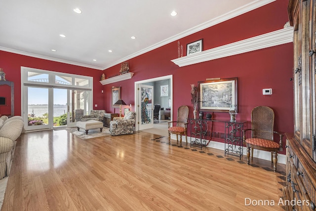 12571 Westwood Ln, Wayland, MI 49348 - living room featuring ornamental molding, wood finished floors, recessed lighting, a towering ceiling, and a water view