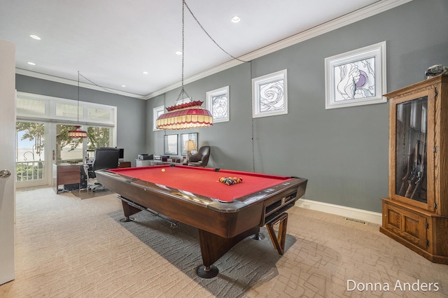12571 Westwood Ln, Wayland, MI 49348 - rec room with ornamental molding, billiards, recessed lighting, carpet flooring, and an office area