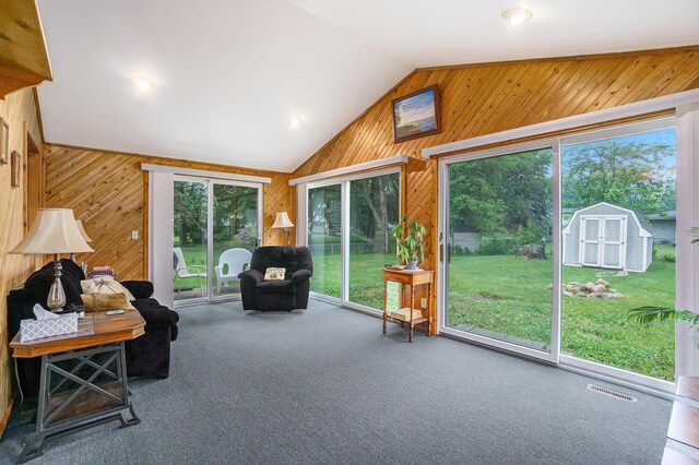518 Hill Rd, Marshall, MI 49068 - living room featuring wooden walls, vaulted ceiling, and carpet floors
