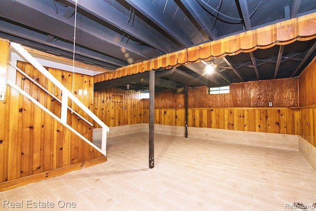 8035 Pinehurst St, Detroit, MI 48204 - basement featuring wooden walls and stairs