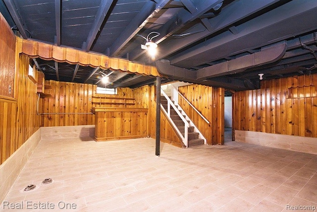 8035 Pinehurst St, Detroit, MI 48204 - basement featuring wood walls and stairs