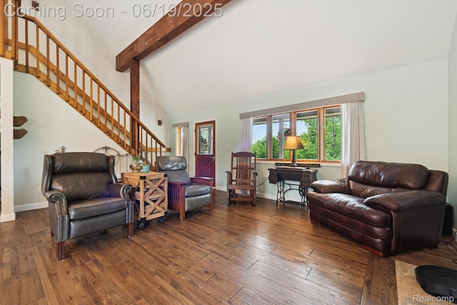 9808 Crofoot Rd, Fowlerville, MI 48836 - living room featuring stairs, hardwood / wood-style floors, beamed ceiling, and high vaulted ceiling