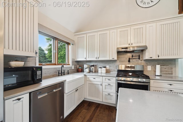 9808 Crofoot Rd, Fowlerville, MI 48836 - kitchen featuring stainless steel appliances, under cabinet range hood, vaulted ceiling, light countertops, and tasteful backsplash