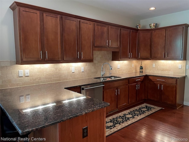 2750 Castlemartin Ct, Oakland, MI 48306 - kitchen featuring a sink, dark stone countertops, a peninsula, dishwasher, and dark wood-style floors