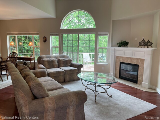 2750 Castlemartin Ct, Oakland, MI 48306 - living room featuring wood finished floors, a high ceiling, a tiled fireplace, and baseboards