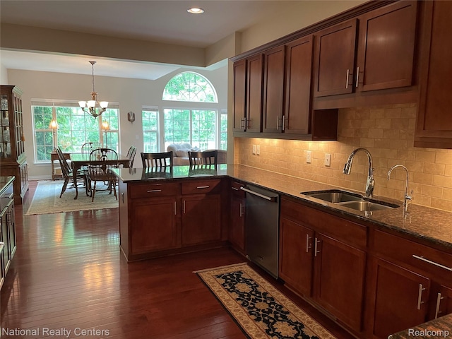2750 Castlemartin Ct, Oakland, MI 48306 - kitchen with stainless steel dishwasher, a sink, dark stone counters, dark wood-style floors, and backsplash