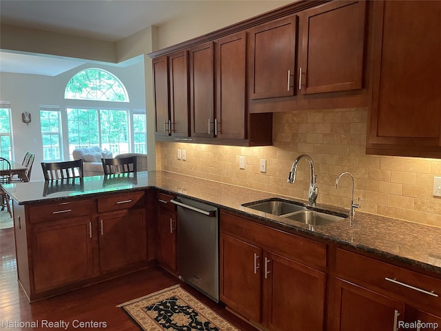 2750 Castlemartin Ct, Oakland, MI 48306 - kitchen featuring dishwasher, a sink, a peninsula, dark stone countertops, and backsplash