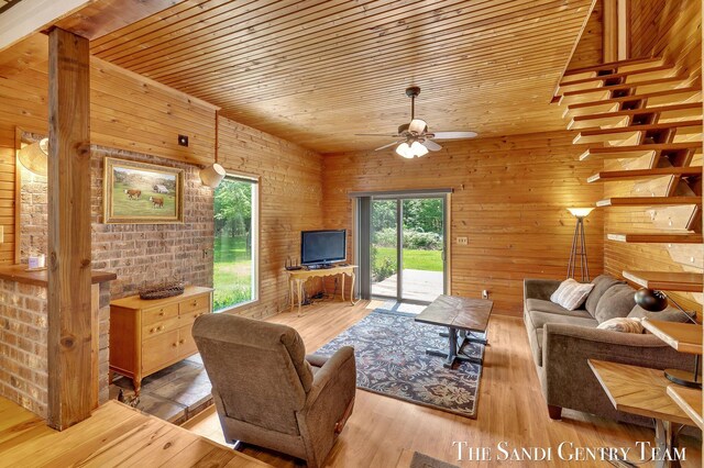 7120 Quarterline Rd, Spring Lake, MI 49456 - living room featuring wood ceiling, wood walls, a ceiling fan, and wood finished floors