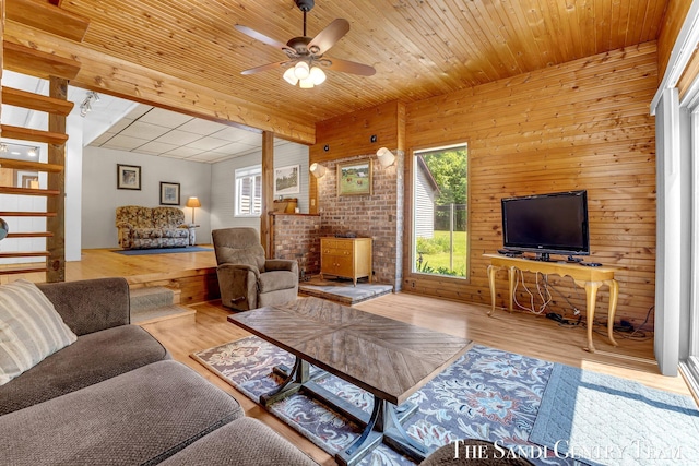 7120 Quarterline Rd, Spring Lake, MI 49456 - living area featuring ceiling fan, wooden walls, wood finished floors, wood ceiling, and a wood stove