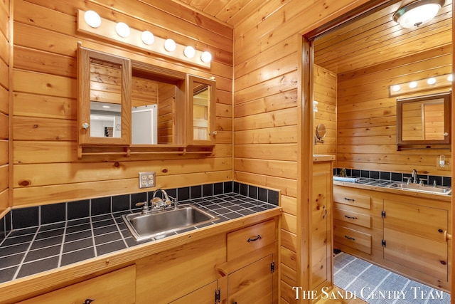 7120 Quarterline Rd, Spring Lake, MI 49456 - bathroom with vanity, wood walls, and wooden ceiling
