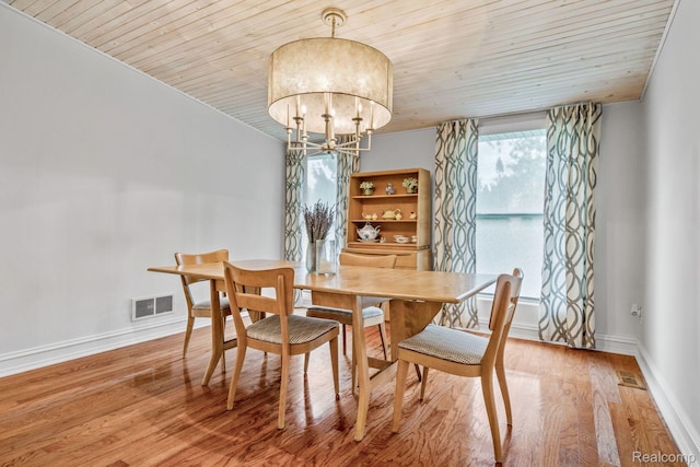 900 Indianwood Rd, Lake Orion, MI 48362 - dining space featuring healthy amount of natural light, wood ceiling, a chandelier, wood finished floors, and baseboards