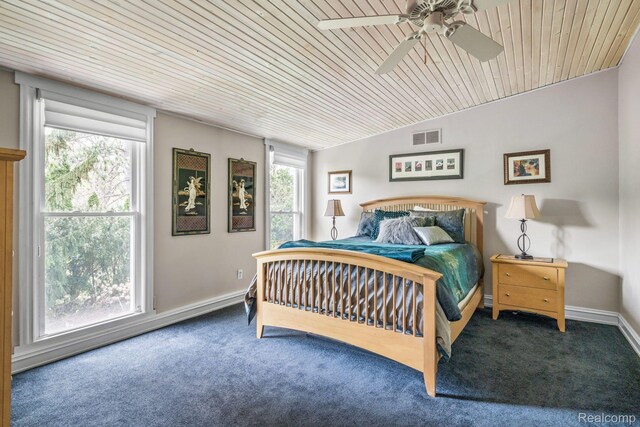 900 Indianwood Rd, Lake Orion, MI 48362 - bedroom with carpet flooring, wood ceiling, baseboards, and a ceiling fan