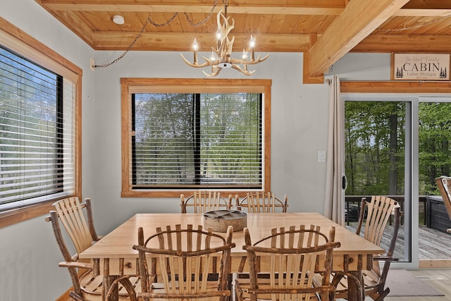3284 N Flynn Rd, Luther, MI 49656 - dining space with wooden ceiling with exposed beams, plenty of natural light, a chandelier, and wood finished floors