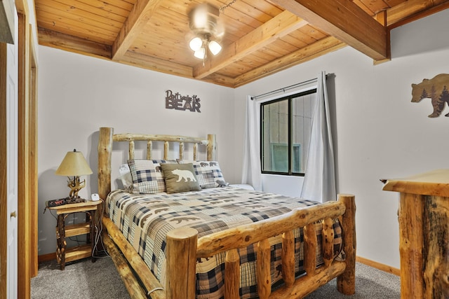 3284 N Flynn Rd, Luther, MI 49656 - bedroom featuring wood ceiling with exposed beams, carpet flooring, and baseboards