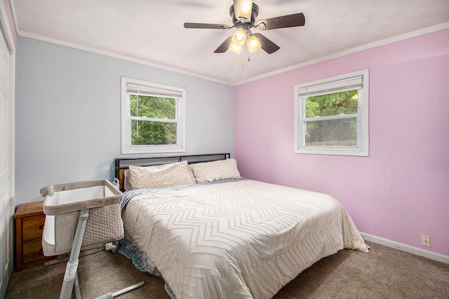 46915 Anthony St, Paw Paw, MI 49079 - bedroom featuring multiple windows, carpet, baseboards, ornamental molding, and a ceiling fan