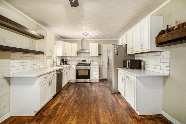 46915 Anthony St, Paw Paw, MI 49079 - kitchen with stainless steel appliances, open shelves, white cabinetry, wall chimney exhaust hood, and ornamental molding
