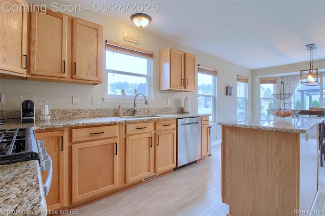 18594 Lawrence Ln, New Boston, MI 48164 - kitchen with dishwasher, light brown cabinetry, light wood finished floors, and a kitchen island