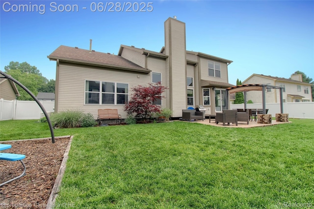 18594 Lawrence Ln, New Boston, MI 48164 - rear view of property with an outdoor hangout area, a chimney, a fenced backyard, and a patio