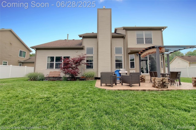18594 Lawrence Ln, New Boston, MI 48164 - back of house with a chimney, a patio, a fenced backyard, and a pergola