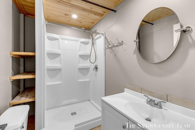6372 Lake Harbor Rd, Norton Shores, MI 49441 - bathroom featuring wood ceiling, toilet, a shower stall, and vanity