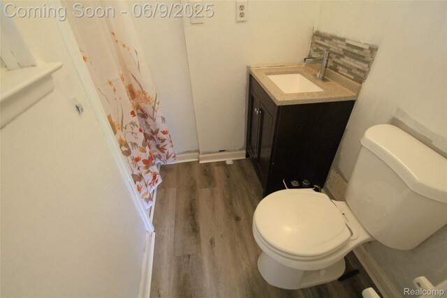 6325 Clarkston Rd, Clarkston, MI 48346 - bathroom with toilet, vanity, wood finished floors, curtained shower, and decorative backsplash