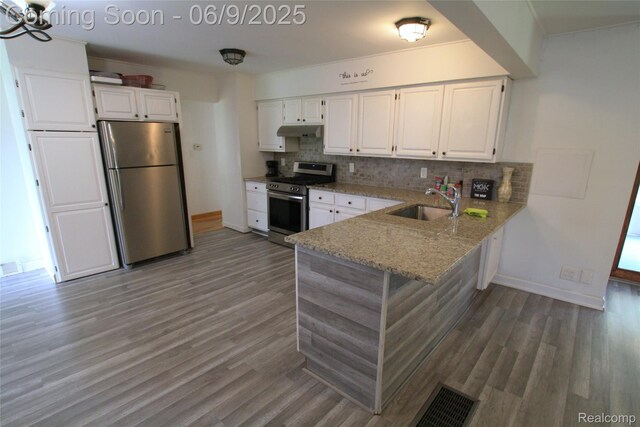 6325 Clarkston Rd, Clarkston, MI 48346 - kitchen with stainless steel appliances, under cabinet range hood, a sink, and baseboards