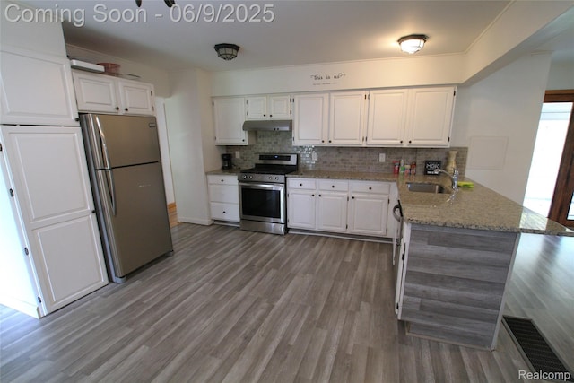 6325 Clarkston Rd, Clarkston, MI 48346 - kitchen with stainless steel appliances, under cabinet range hood, a sink, a peninsula, and white cabinets