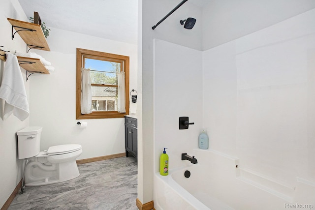 8721 Bayview Rd, Onekama, MI 49675 - full bathroom featuring  shower combination, vanity, and marble look tile flooring