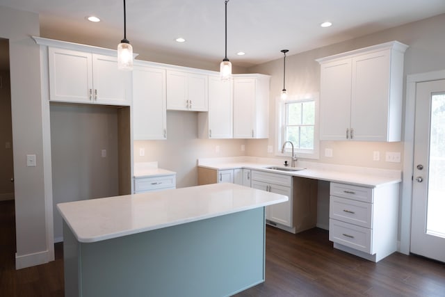 103 Diamond Point Ln, New Buffalo, MI 49117 - kitchen with a sink, a center island, white cabinetry, dark wood finished floors, and recessed lighting