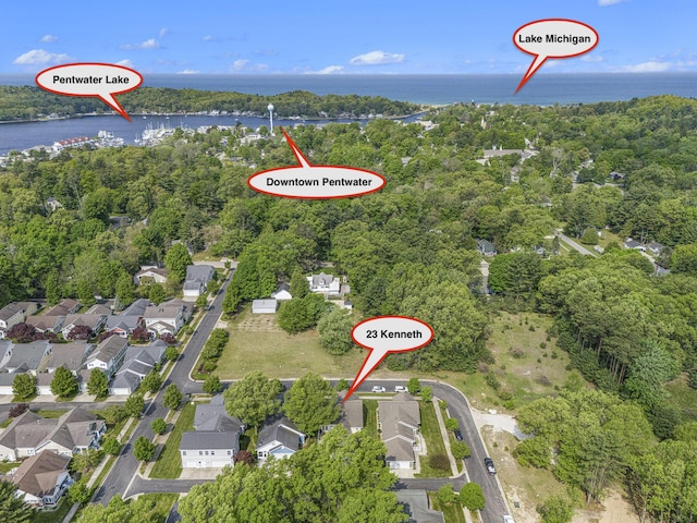 23 Kenneth St, Pentwater, MI 49449 - aerial overview of property's location with a large body of water