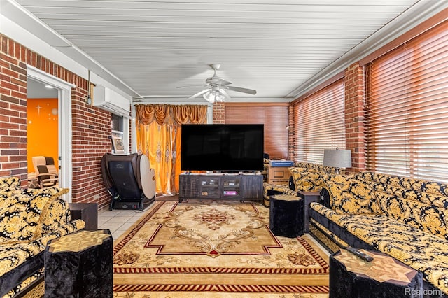 5835 Oakman Blvd, Dearborn, MI 48126 - tiled living room with an AC wall unit, ceiling fan, and brick wall