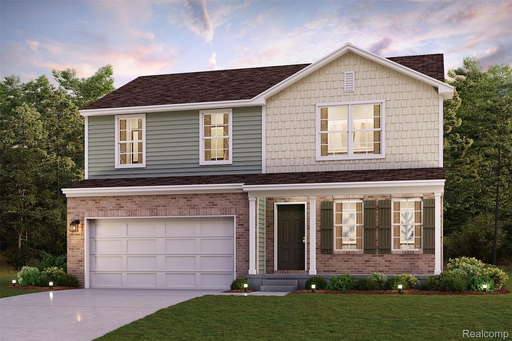 12503 Timber Ct, Southgate, MI 48195 - view of front facade featuring driveway, a front lawn, an attached garage, and brick siding