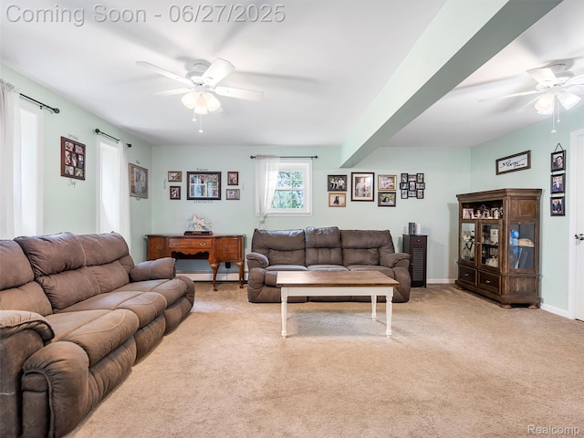 11474 Clairmont Dr, Fenton, MI 48430 - carpeted living room with a ceiling fan and a baseboard radiator